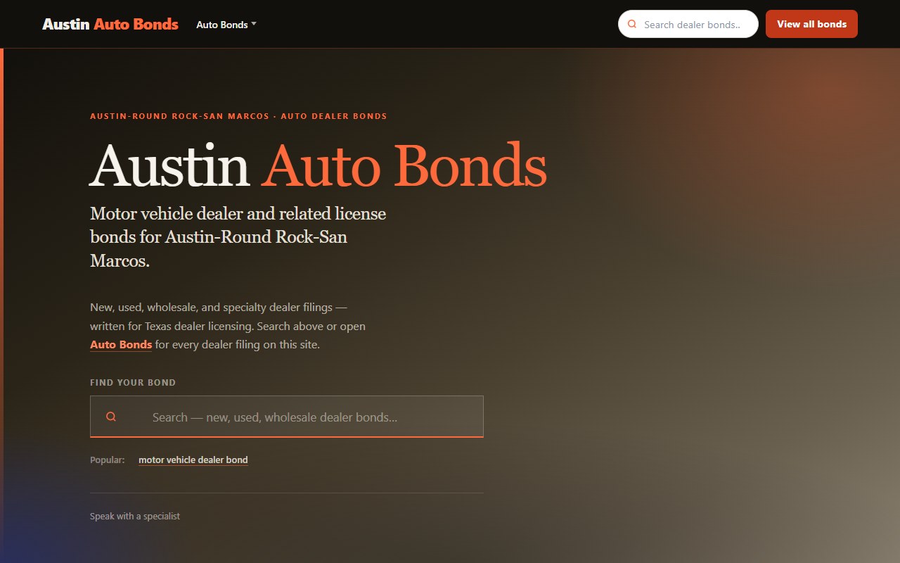 Auto dealer bonds — Four domains · Austin metro