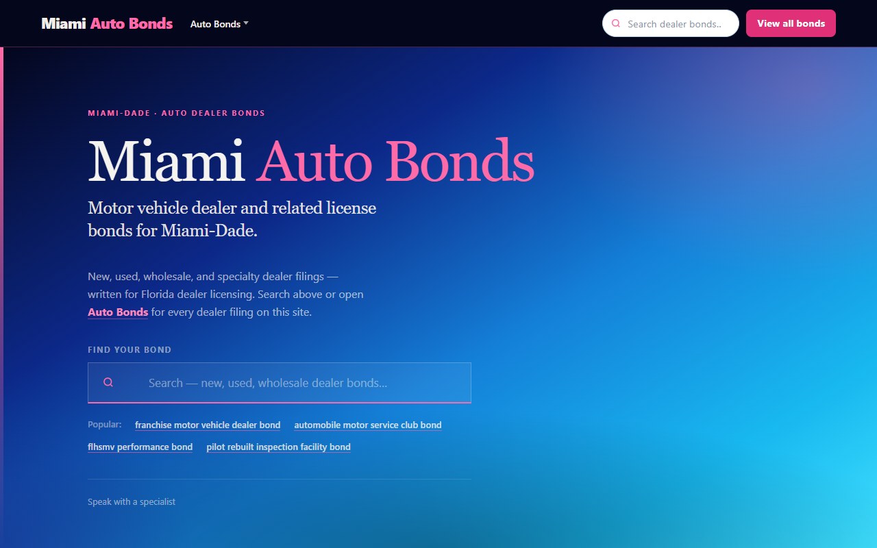 Auto dealer bonds — Five domains · Miami metro